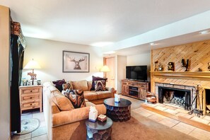 Una televisión, una chimenea, libros