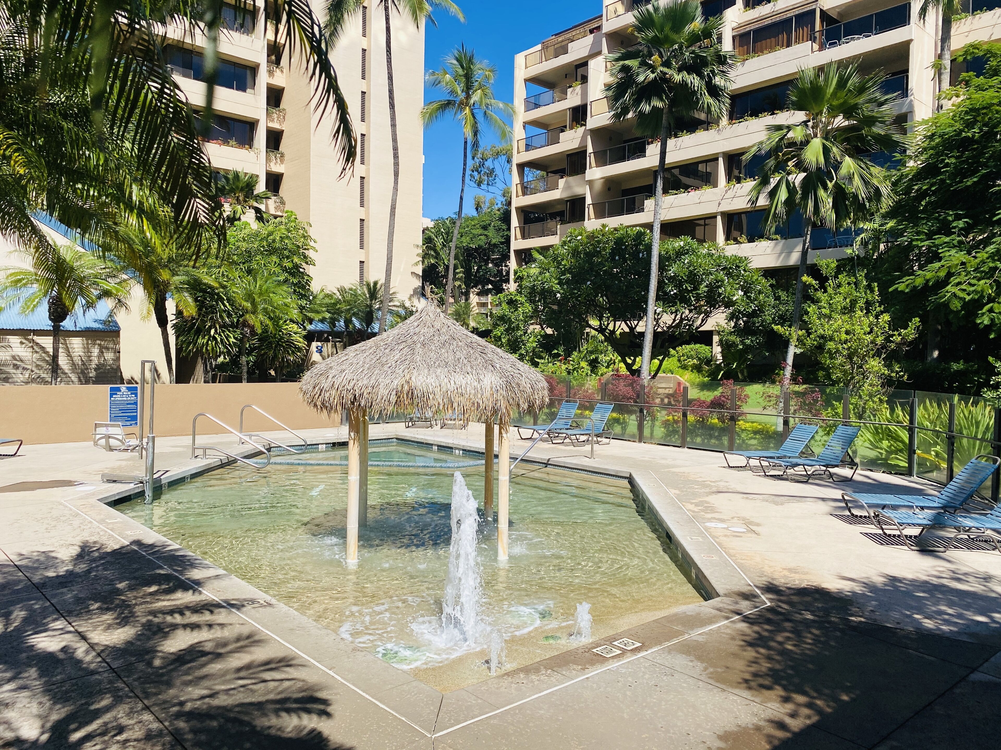 A pool area with a thatched structure, lounge chairs, and a water fountain.