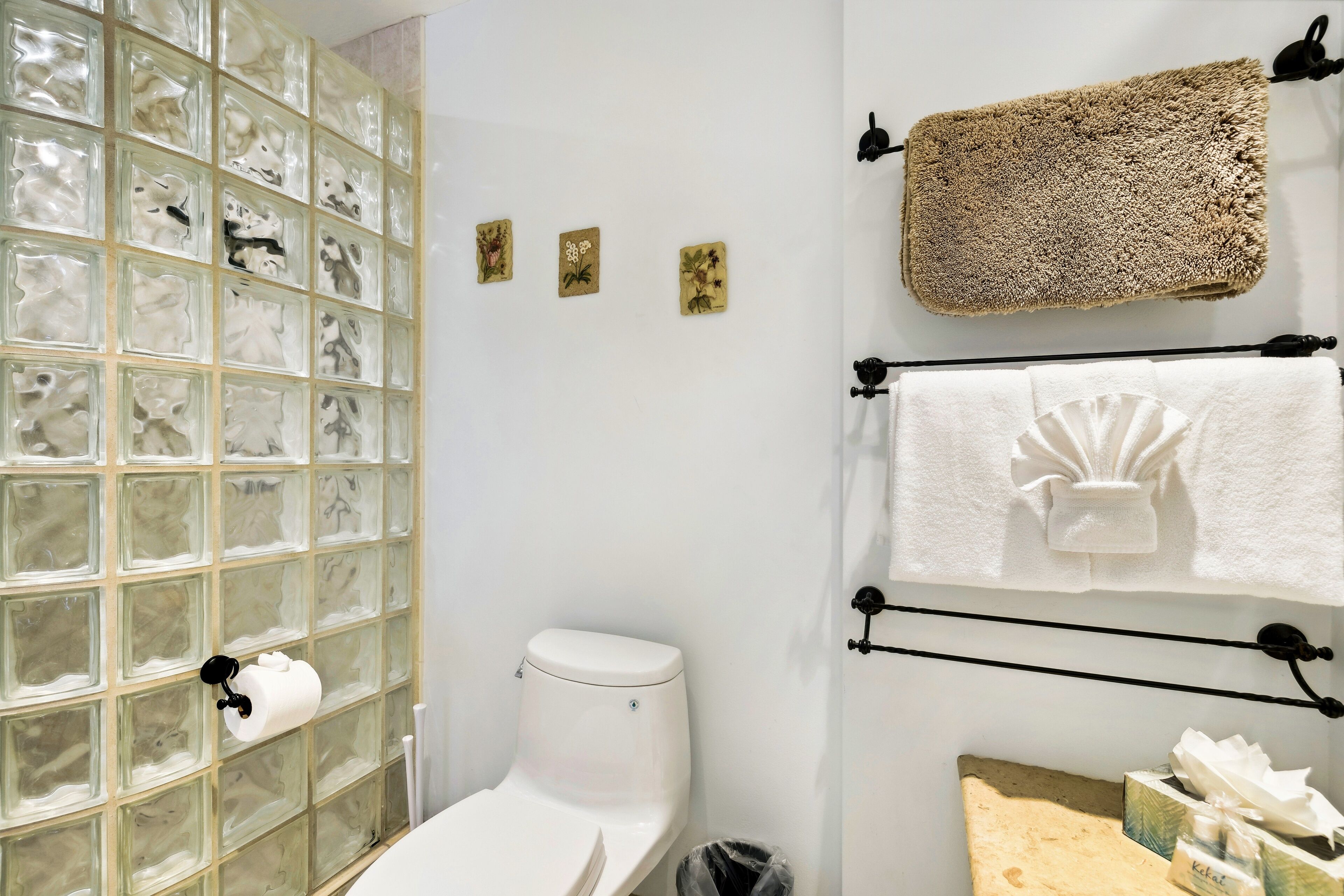 Une salle de bain avec une cloison en blocs de verre, des toilettes blanches et un porte-serviettes avec deux serviettes.