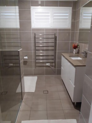 Dusche, Haartrockner, Handtücher, Seife