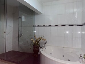 Bathtub, hair dryer, towels, soap
