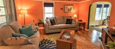 Smart TV, lareira, DVD player, livros