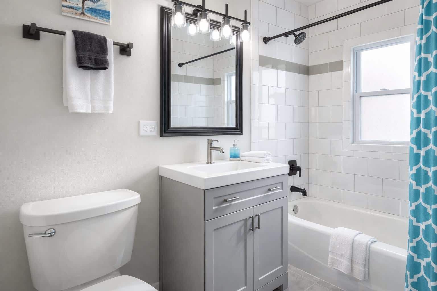 Combined shower/tub, hair dryer