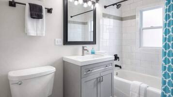 Combined shower/tub, hair dryer