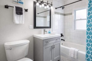 Combined shower/tub, hair dryer