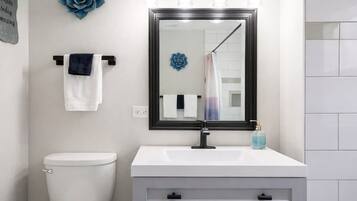 Un baño con inodoro blanco, lavamanos blanco con grifo negro, espejo con iluminación y adorno floral azul.