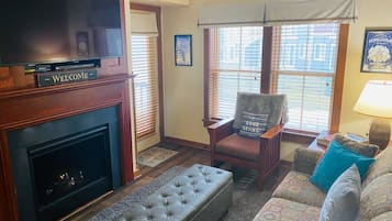 Smart TV, chimenea, reproductor de DVD y libros