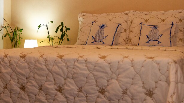 Ein Bett mit gesteppter Bettdecke, zwei Kissen mit Ananas-Motiven, eine Nachttischlampe und eine Pflanze.