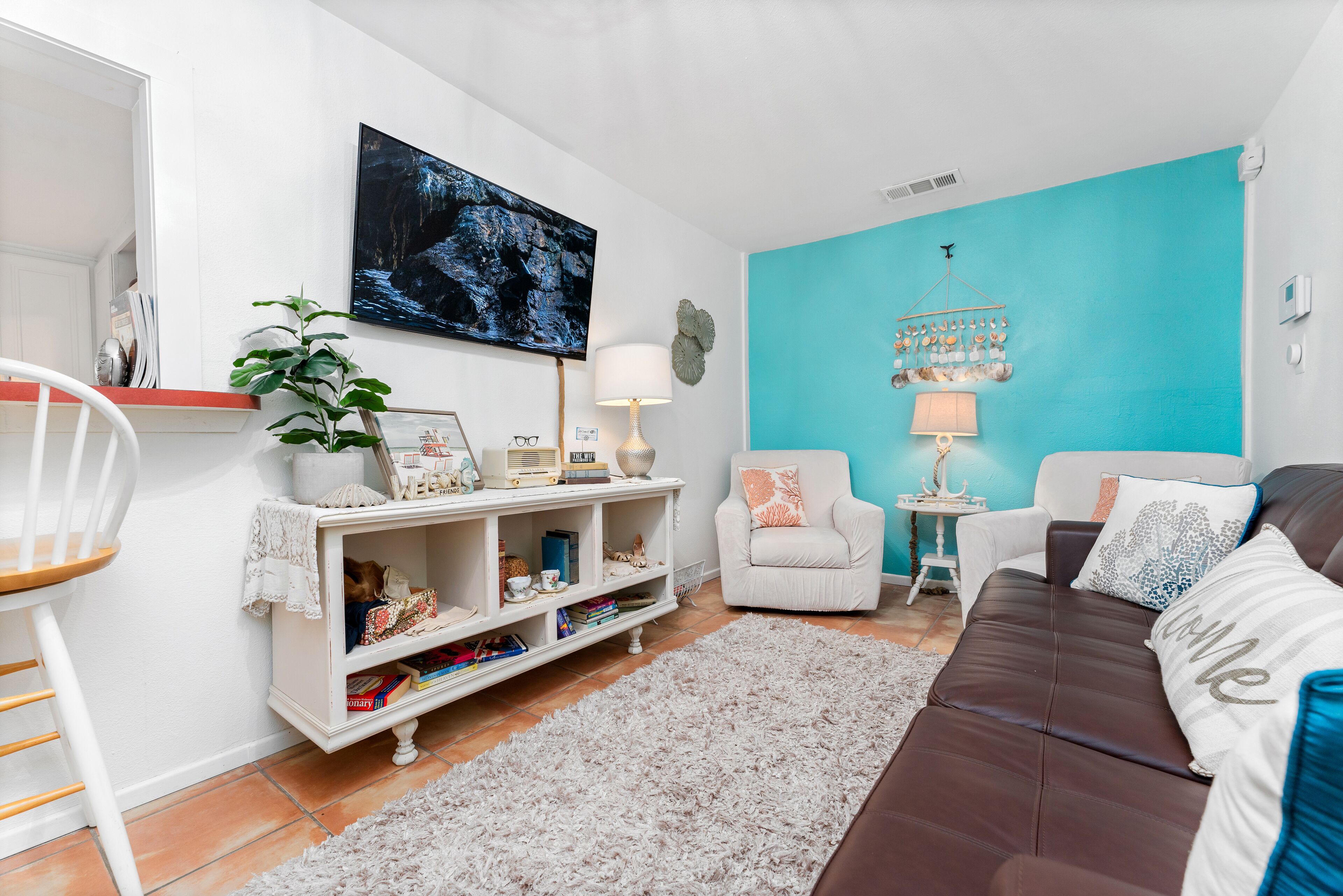 Smart TV, chimenea, libros y estéreo 