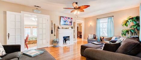 TV connectée, cheminée, livres, chaîne hi-fi