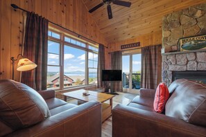 TV connectée, cheminée, livres