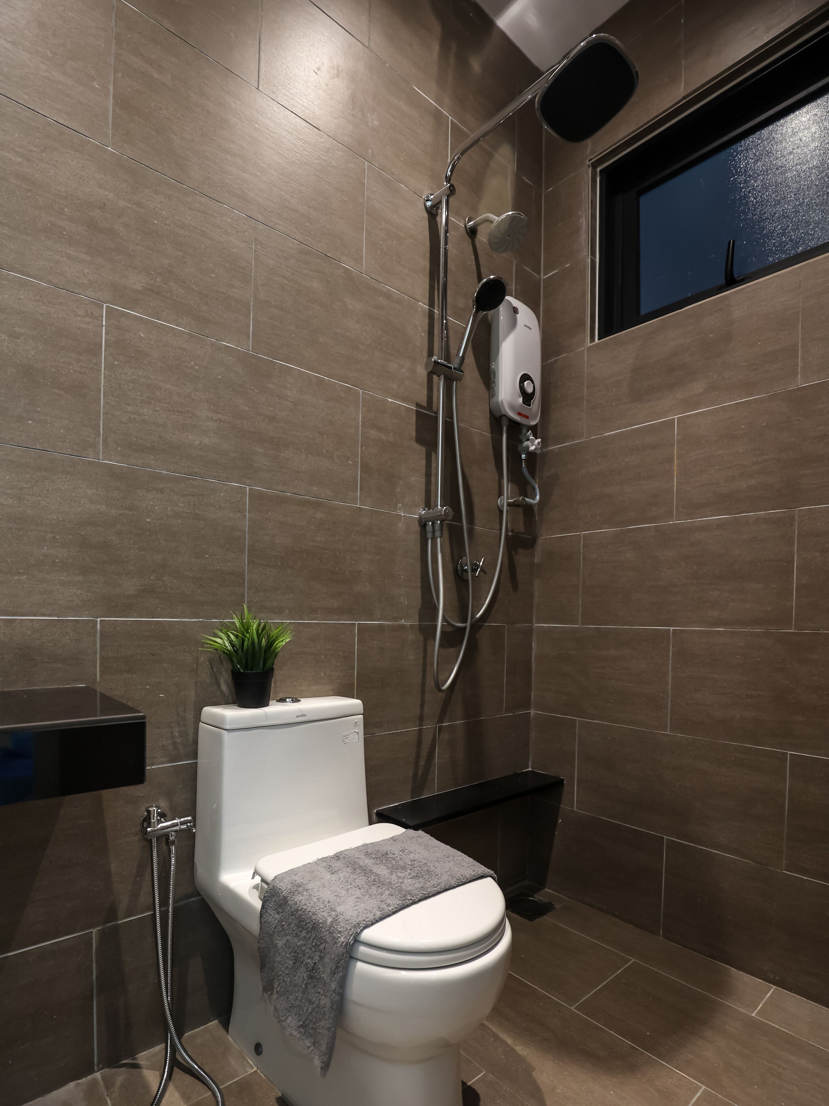 Un baño moderno con ducha, inodoro y una pequeña planta en maceta.