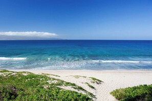 Une plage avec une eau d’un bleu limpide, un rivage sablonneux et une végétation verdoyante.