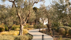 A paved pathway winding through a landscaped area with mature trees and shrubs. - Villa PETRA (ΜΥΤΙΛΗΝΗ)