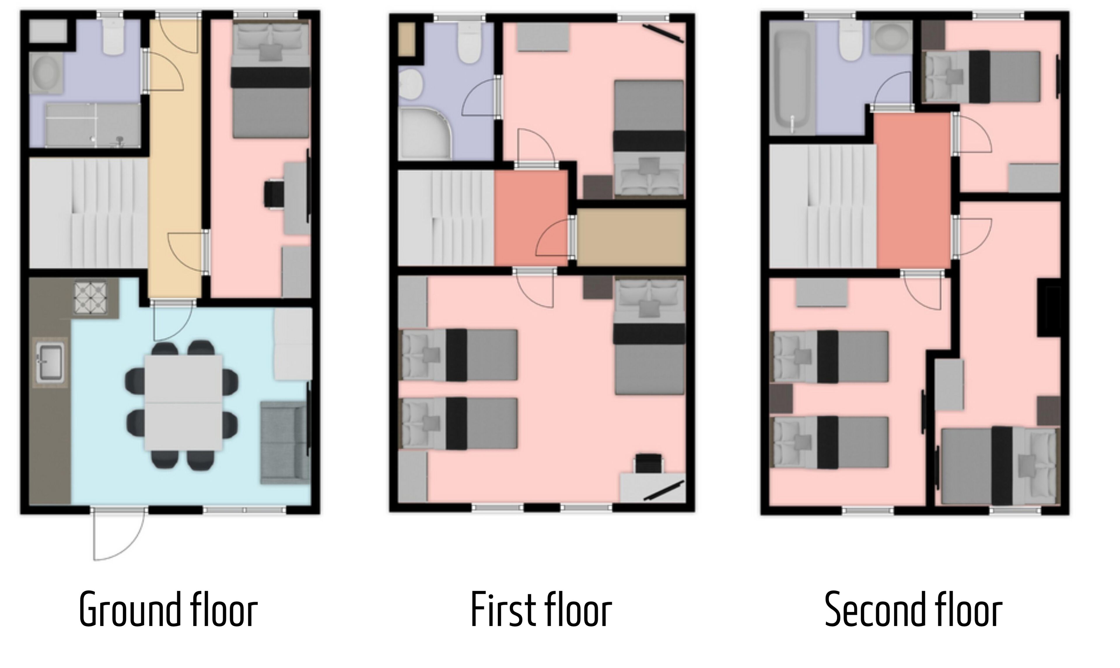 Three floor plans of a hotel with a ground floor, first floor, and second floor, each with multiple rooms, a dining area, and a bathroom.