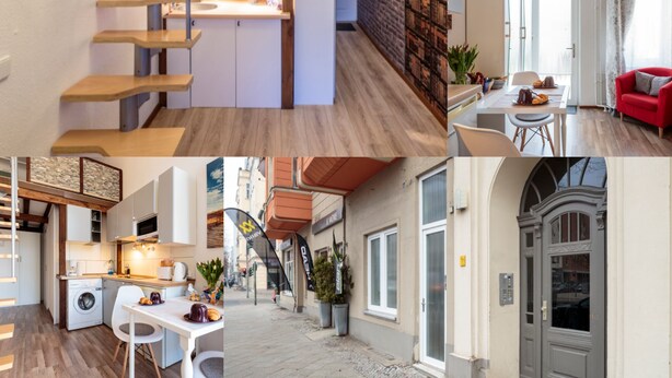 Eine moderne Wohnung mit Schlafgalerie, einer Küche, einem Essbereich und einem Wohnzimmer.