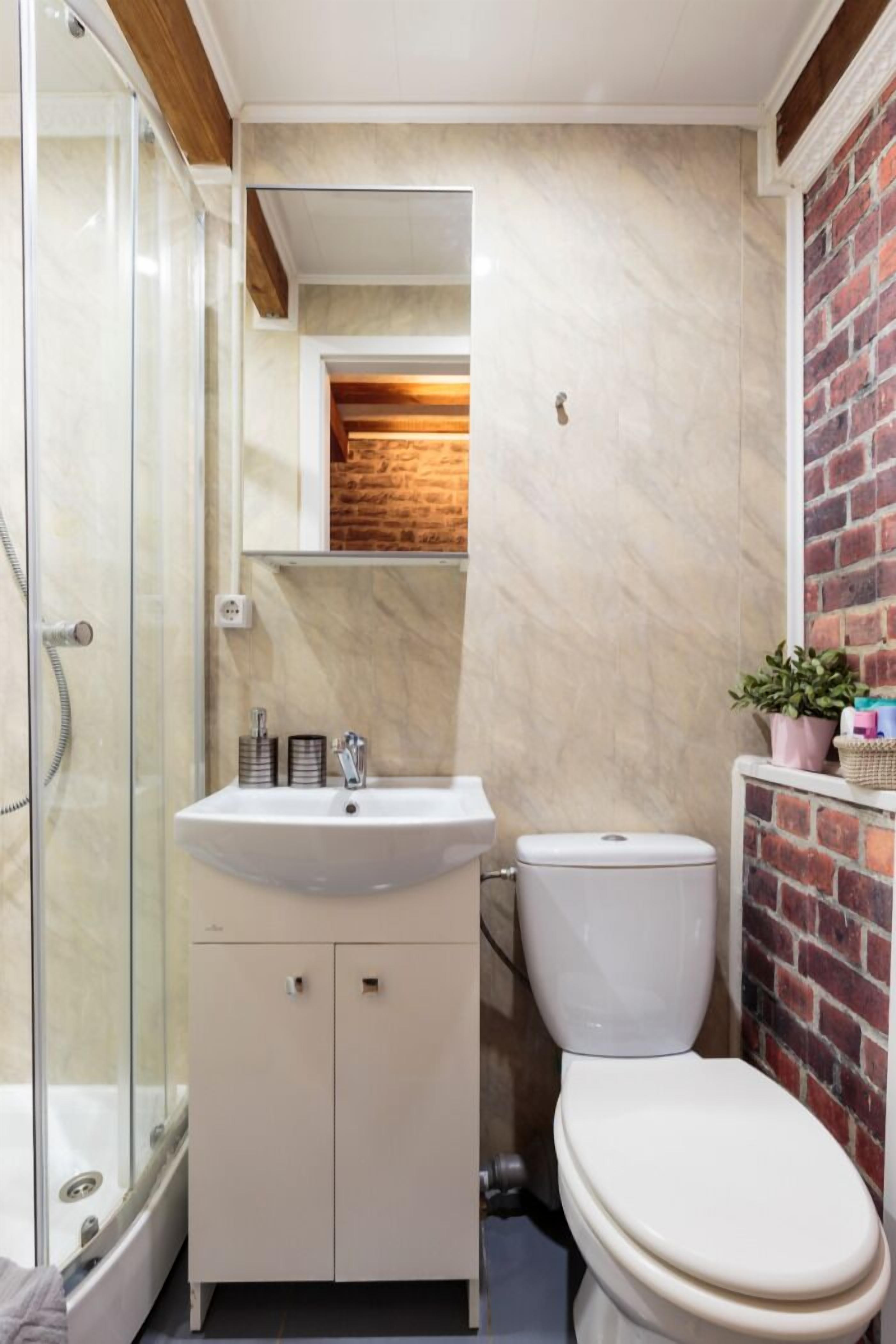 A bathroom with a glass shower enclosure, a white sink with a mirror above it, a toilet, and a small potted plant on a shelf.