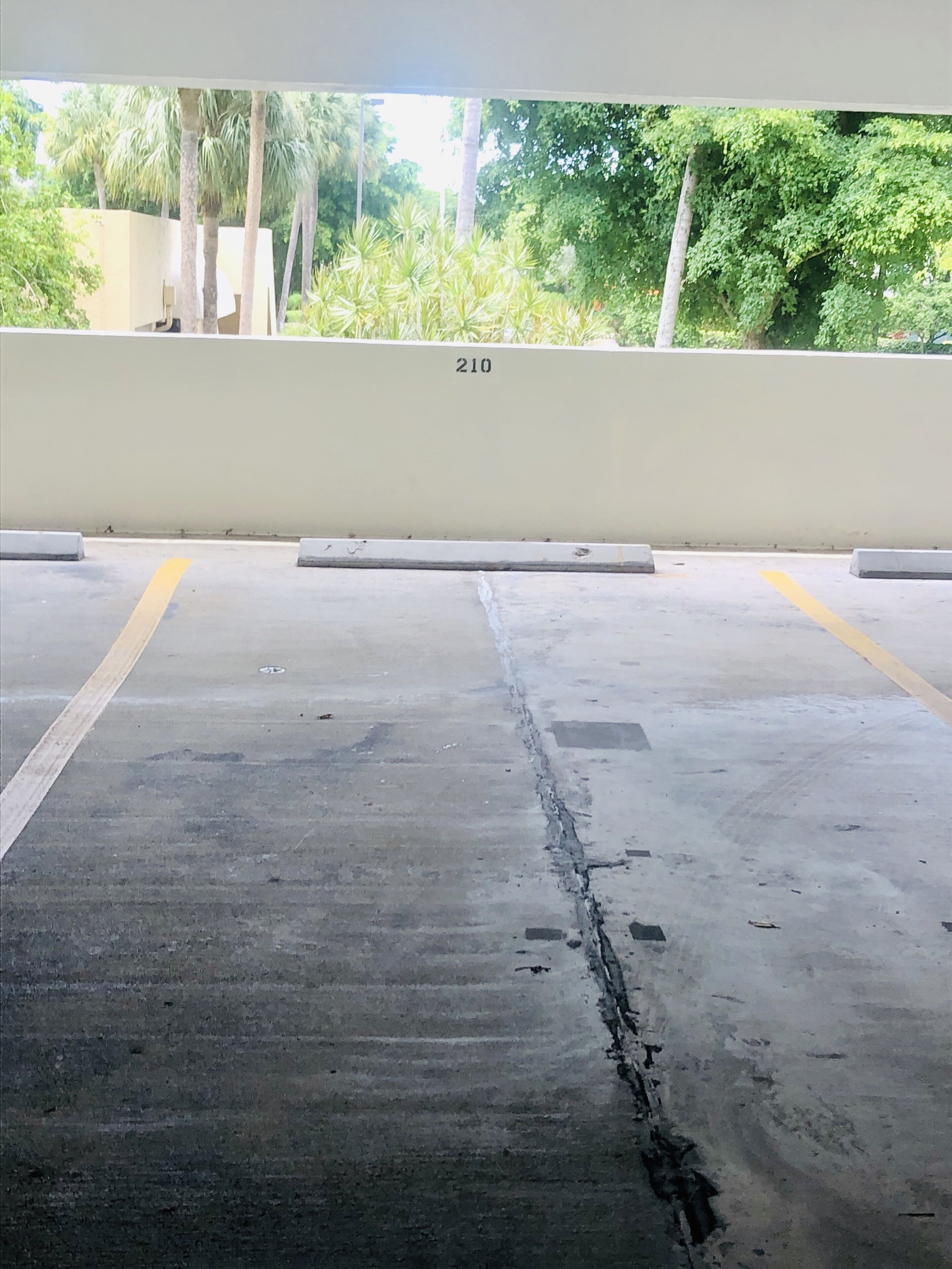 A parking area with concrete flooring, marked parking spaces, and a number '210' on the wall.