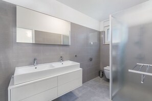Shower, towels, soap, toilet paper