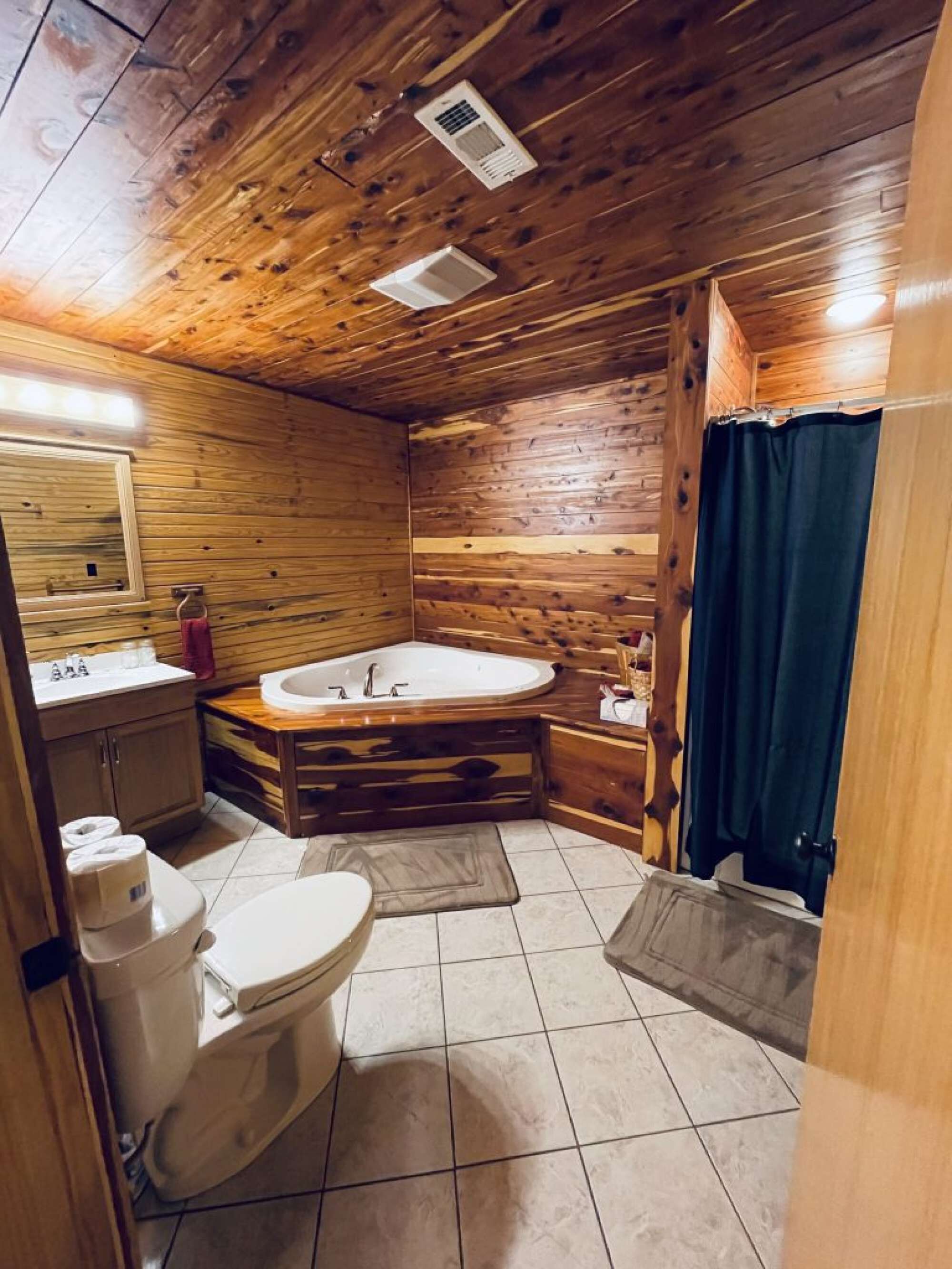 Shower, jetted bath, hair dryer, towels