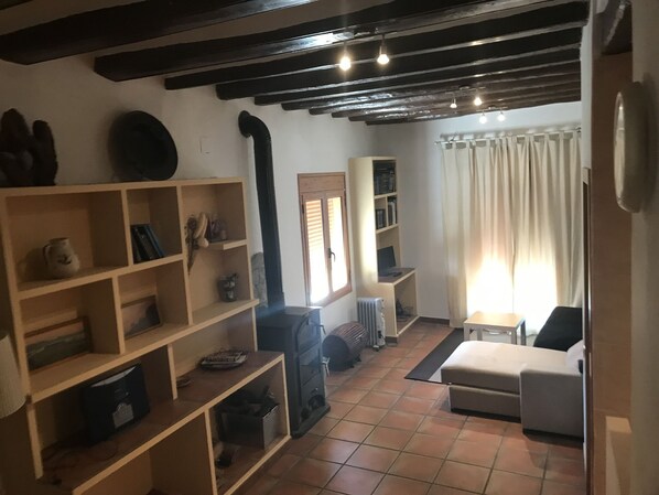 Télévision, cheminée, livres, chaîne hi-fi