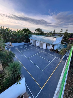 Un terrain de basket avec un panier, entouré de verdure et bordé d’un bâtiment doté d’un toit en pente.