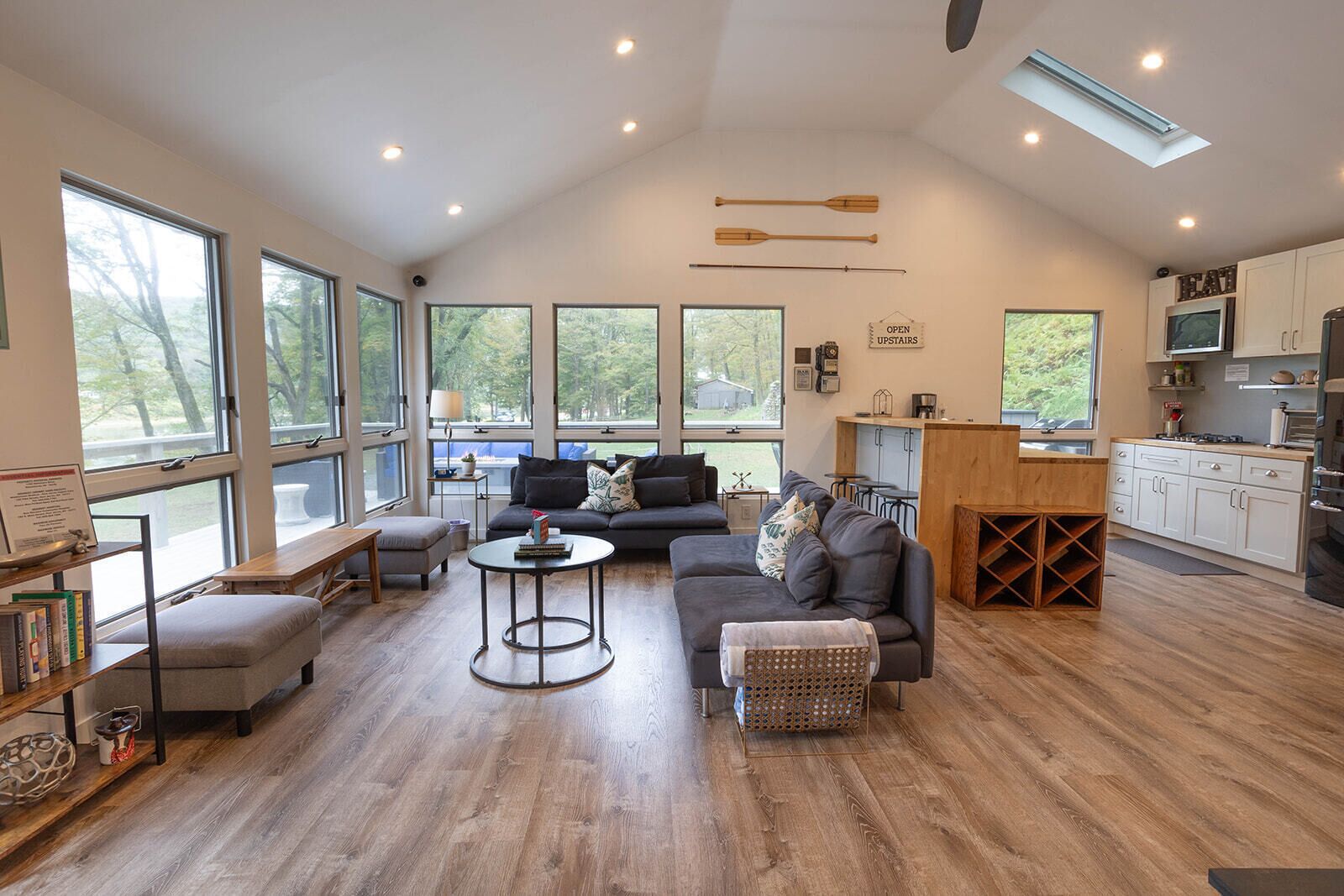 Peis, bøker, musikkbibliotek og stereoanlegg