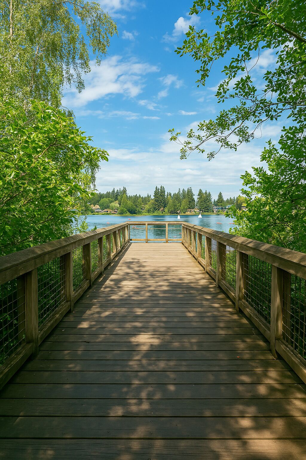 A wooden boardwalk leading to a body of water, surrounded by trees and a clear sky.