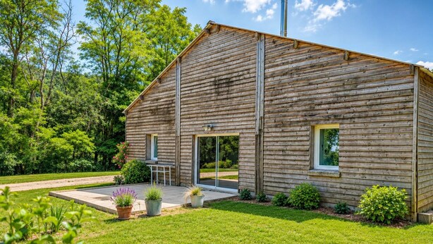 Une cabane en bois dotée d’une terrasse, entourée d’une végétation luxuriante.