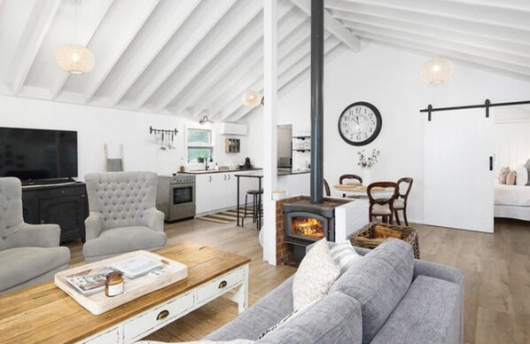 Televisio, takka, DVD-soitin, pöytätennispöytä