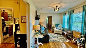 Smart TV, fireplace, DVD player, books