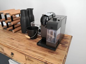Fridge, coffee/tea maker, electric kettle, toaster