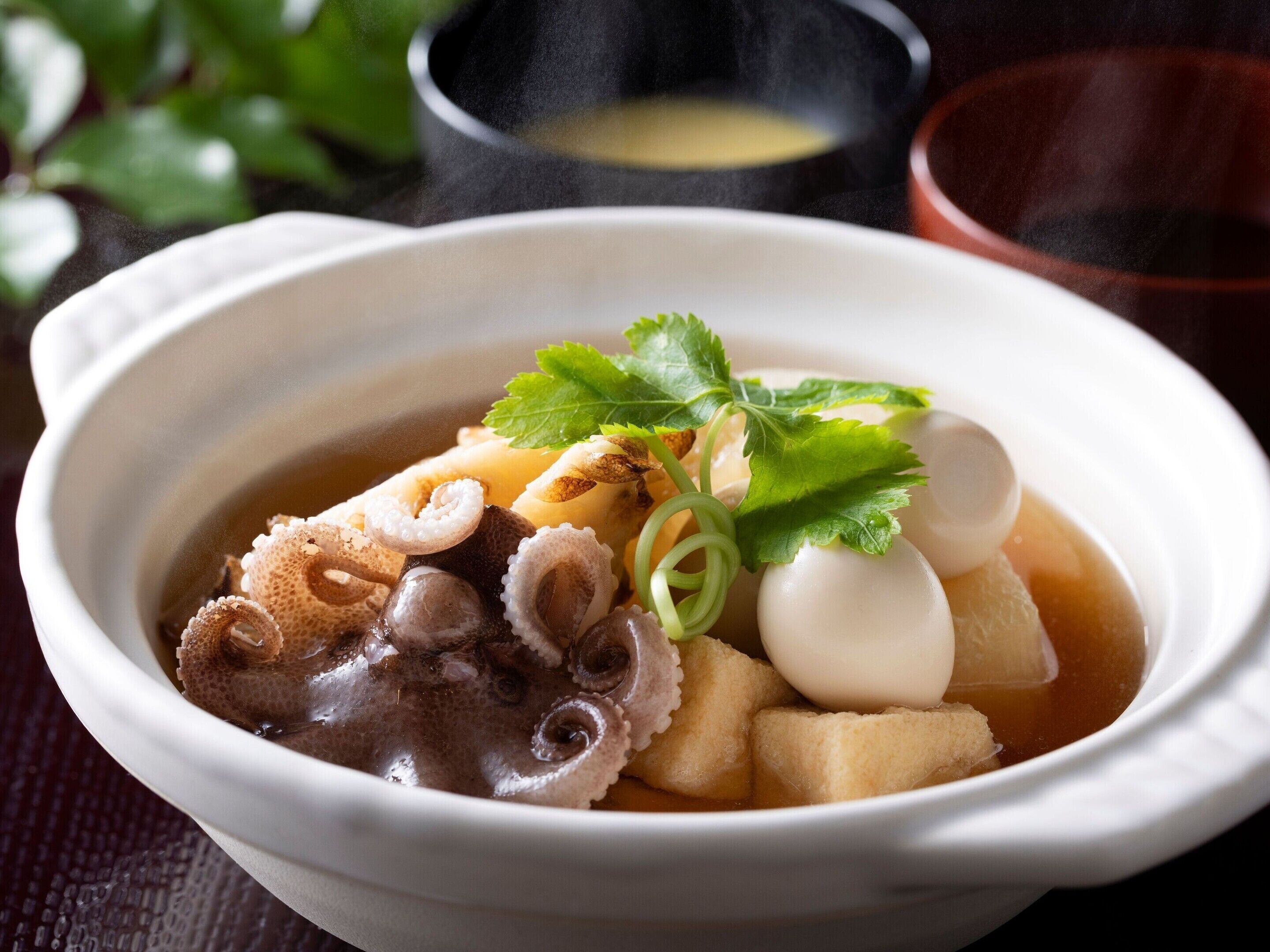 A bowl of soup with octopus, tofu, and green onions.