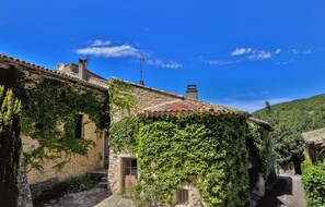 A narrow cobblestone street with stone buildings covered in ivy. - Cozy home in Cliousclat with private swimming pool, can be inside or outside (Cliousclat)