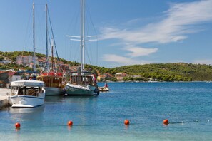 A marina with several sailboats docked, a person on a small island, and a backdrop of houses and hills.