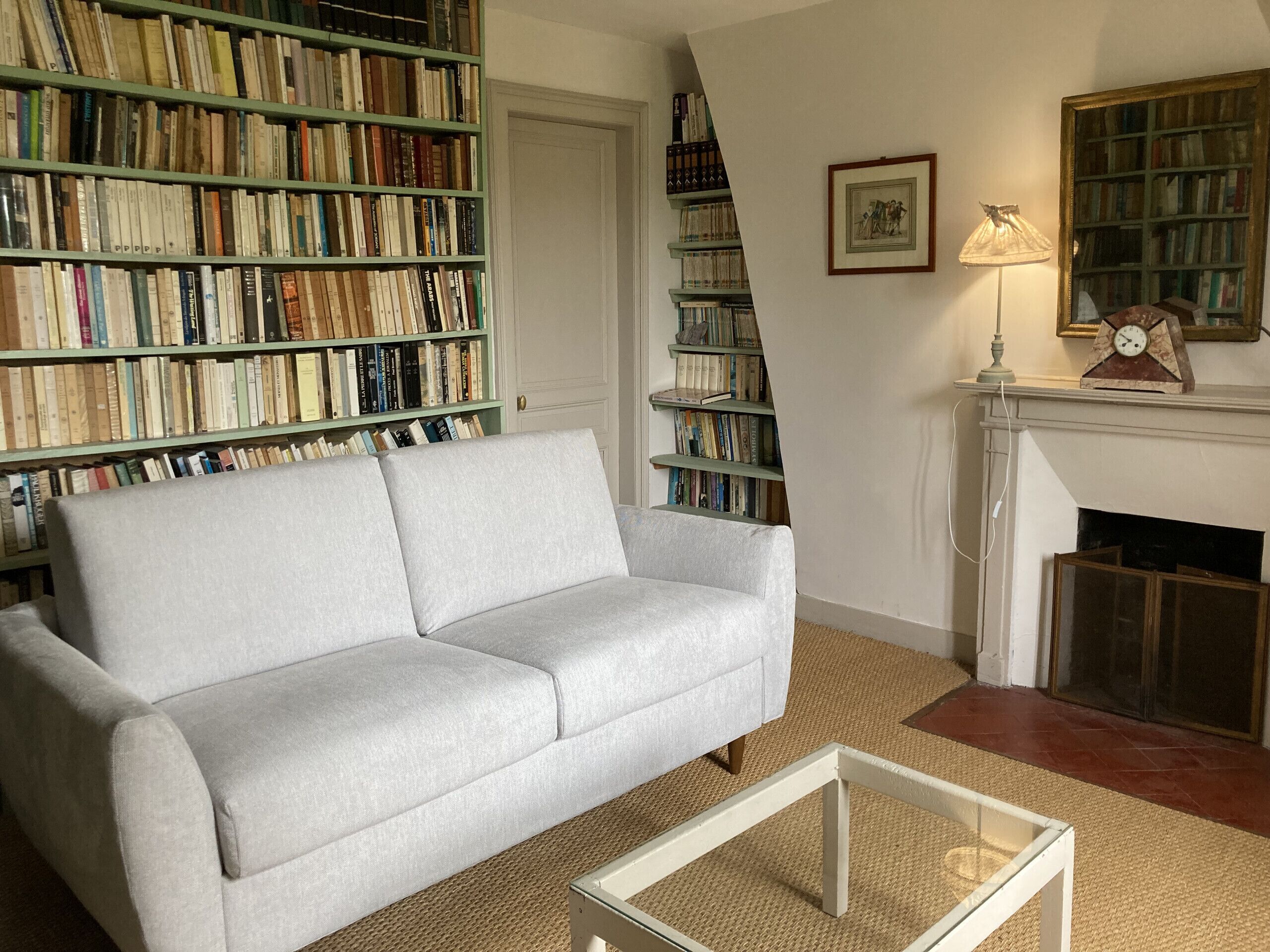 Ein Wohnzimmer mit grauem Sofa, Couchtisch, Kamin und Bücherregalen voller Bücher.