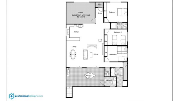 Ein Hotelgrundriss mit Garage, Küche, Essbereich, Wohnzimmer, drei Schlafzimmern, einem Badezimmer und einem Waschraum.