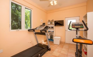 Ein Fitnessraum mit Laufbändern, einem Fernseher und einem kleinen Kühlschrank.