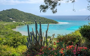 Paisagem costeira com vista clara para o mar, uma praia arenosa e uma colina com vegetação.