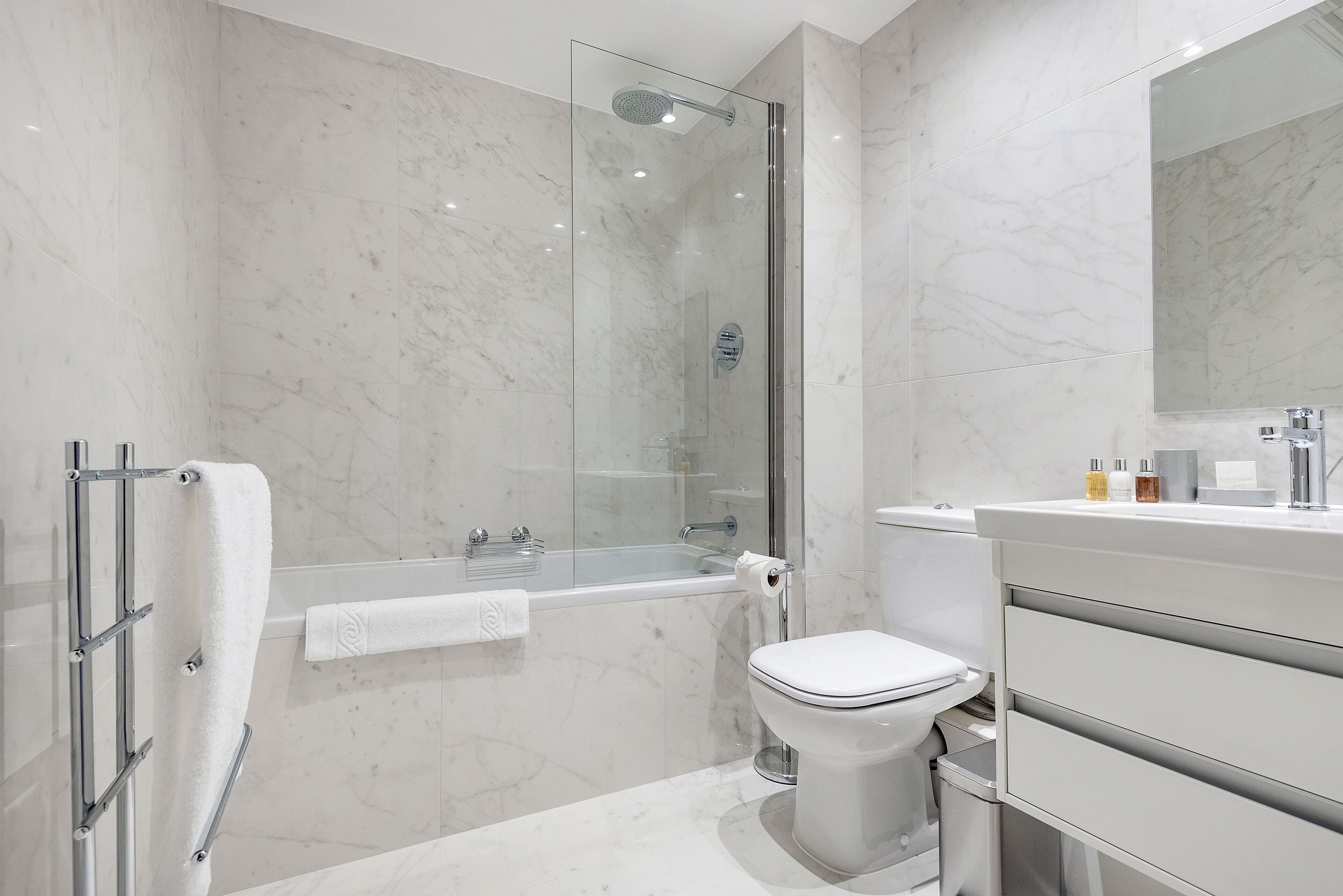 A modern bathroom with a glass-enclosed shower, a bathtub, a toilet, and a vanity with a mirror.