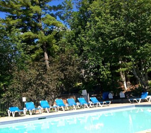A swimming pool with blue lounge chairs and a metal fence.