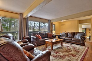 Smart TV, fireplace, books, stereo