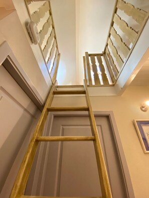 A wooden ladder leading to a door with a decorative ceiling pattern.