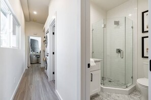 Shower, hair dryer, shampoo