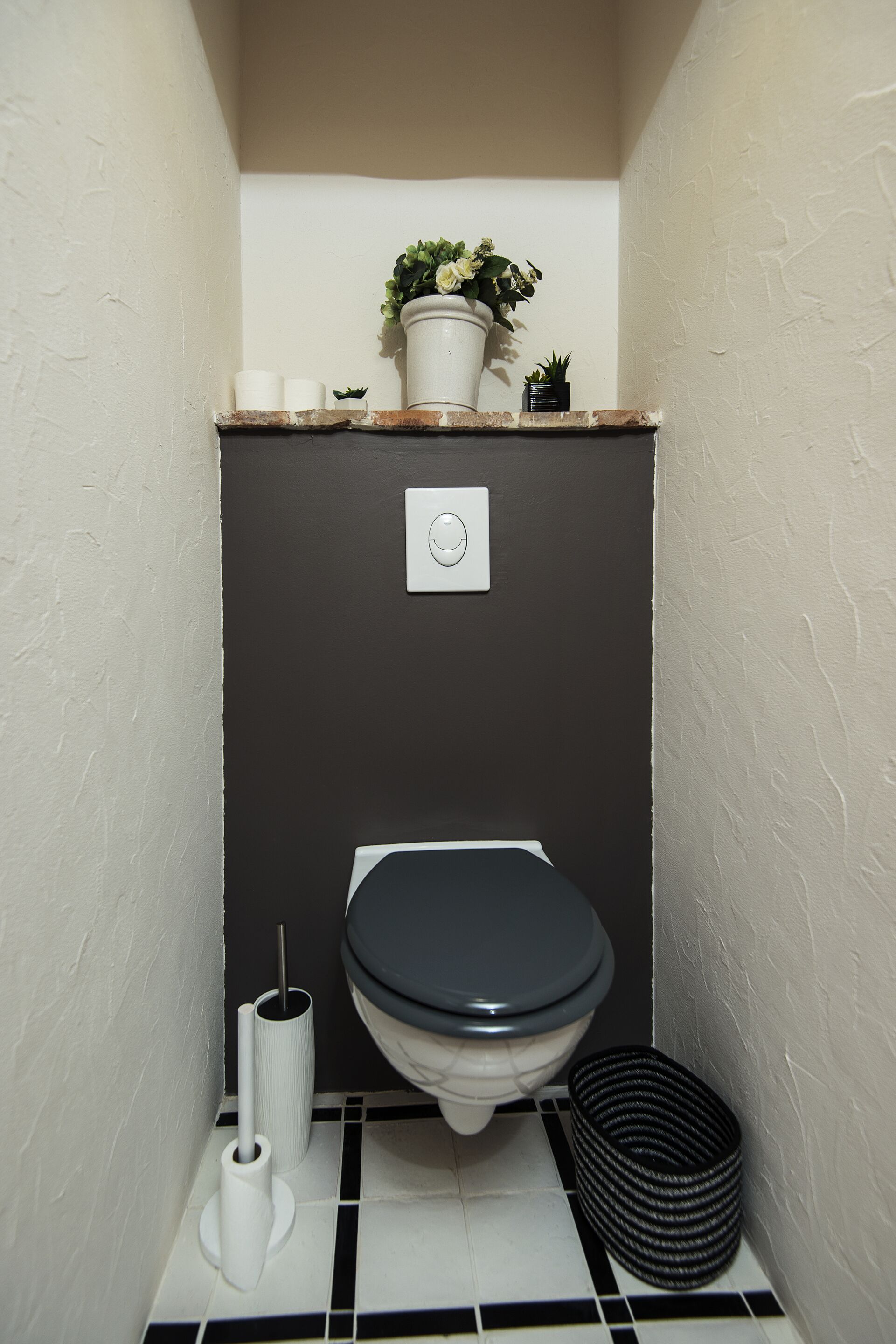 Een kleine badkamer met toilet, toiletrolhouder, prullenbak en een potplant op een plank.