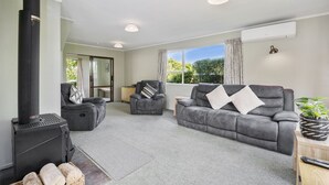 A living room with a fireplace, grey sofas, a wooden cabinet, and a large window with curtains. - Kapuka Paradise - Wharewaka Holiday Home (Wharewaka)