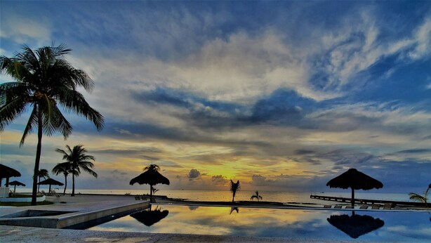 A beach resort with a pool, palm trees, and thatched-roof structures.
