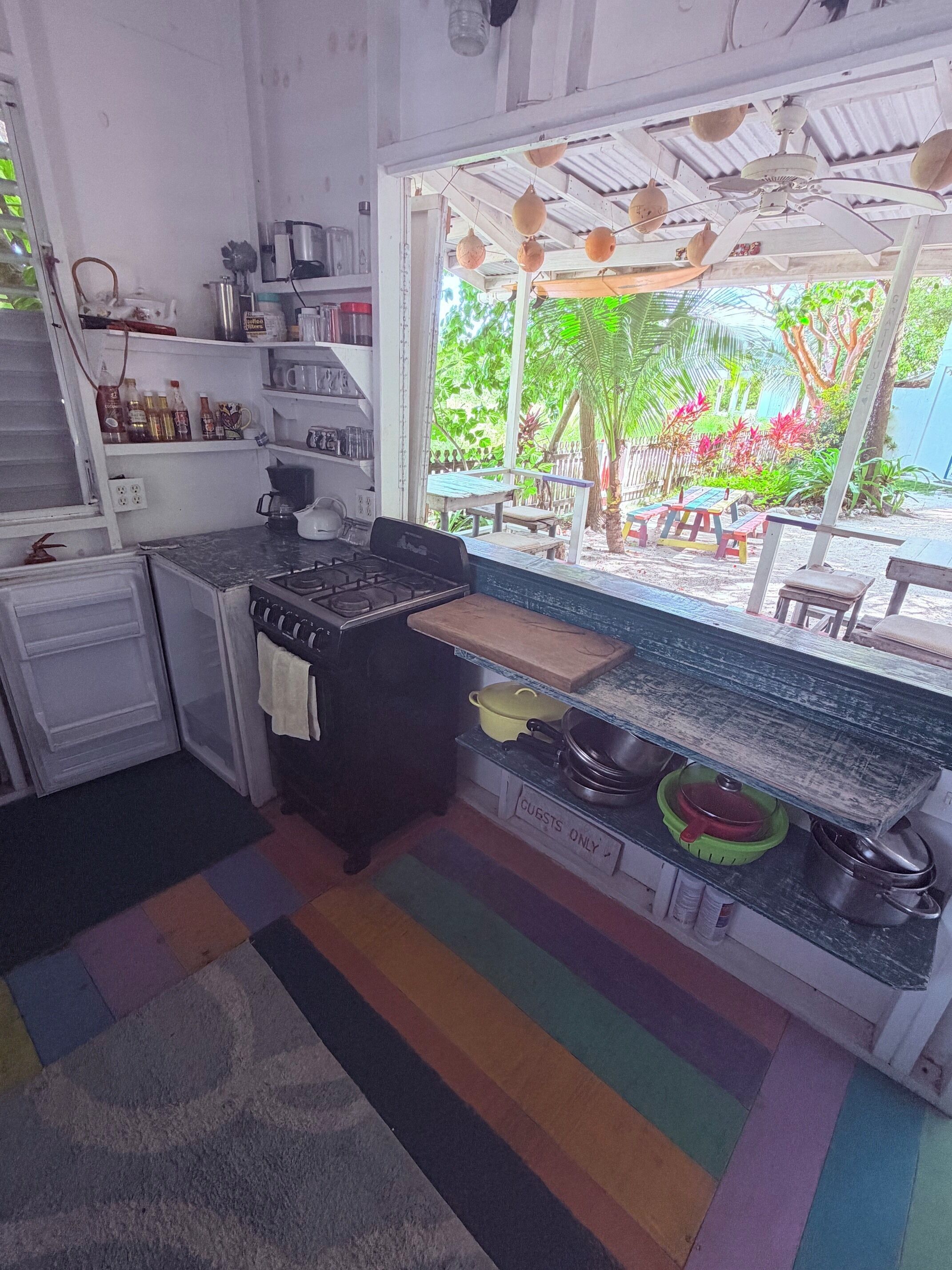 Cocina compacta con estufa a gas, lavamanos y ventana con vistas a un jardín.