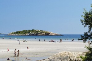 A beach with people sunbathing and swimming, a rocky outcrop in the foreground, and a small island in the background. - Bell Buoy (Rockport)