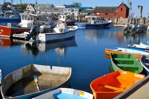 A marina with various boats docked, including a white boat with 'MOLL' written on it and a red boat with 'W. PORT' on it.